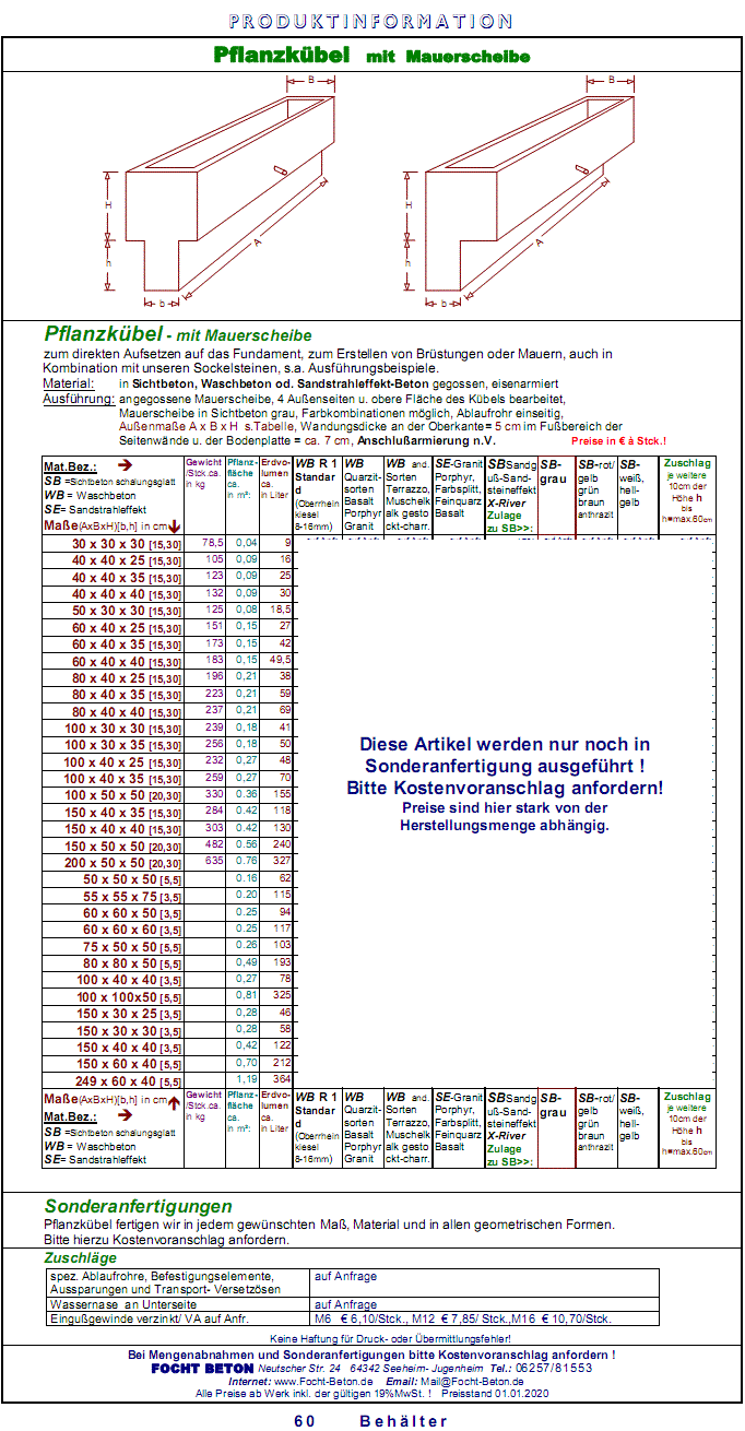 Pflanzkasten mit Mauerscheibe in Sichtbeton / Waschbeton / Sandstrahleffekt Sandguss