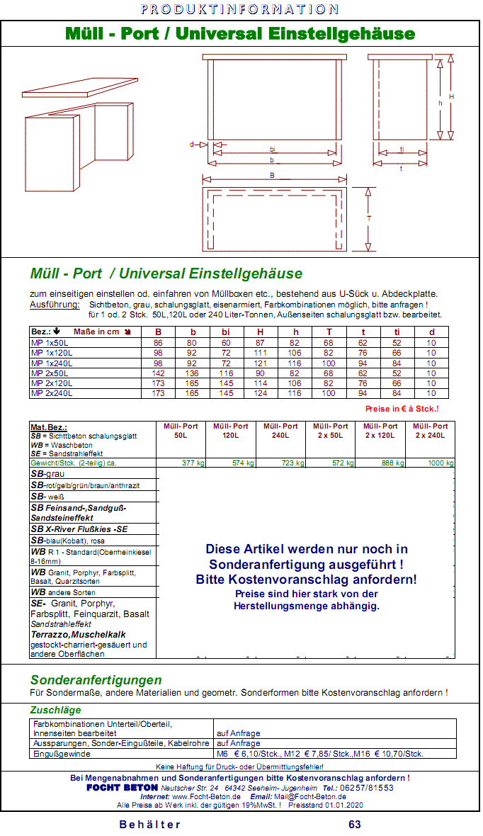 Betonbehälter - Müllport Universal  Einstellgehäuse