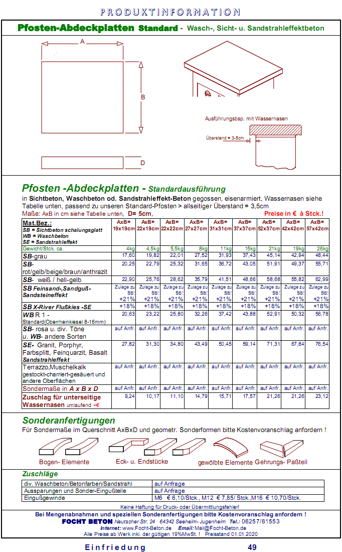 Pfosten Pfeiler Abdeckung Sichtbeton Waschbeton Sonderanfertigung Preise