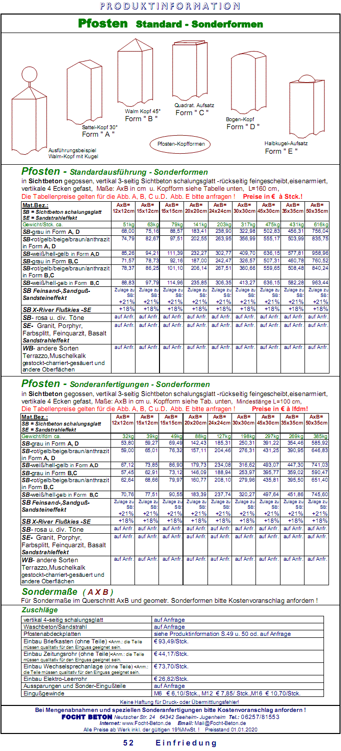 Pfosten Pfeiler Sonderformen Sichtbeton, Waschbeton, Sandstrahleffekt Preise Maßanfertigung