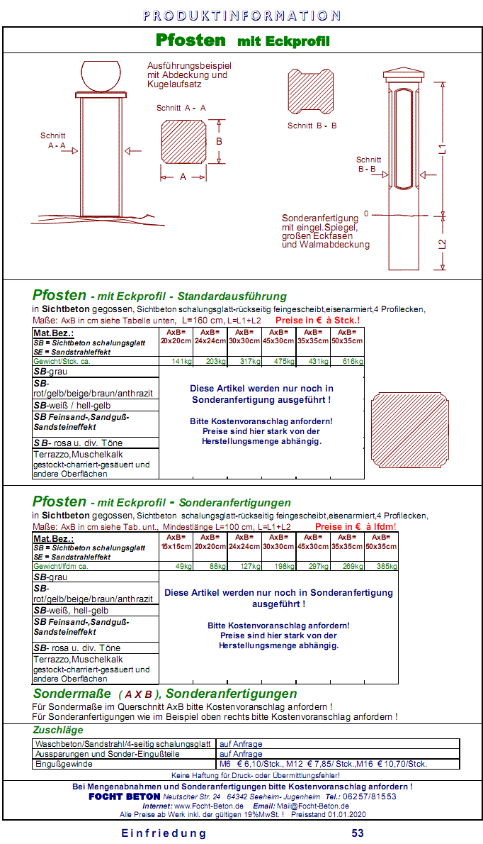 Pfeiler Pfosten mit Profilierung Sichtbeton Betonwerkstein Preise Sonderanfertigung