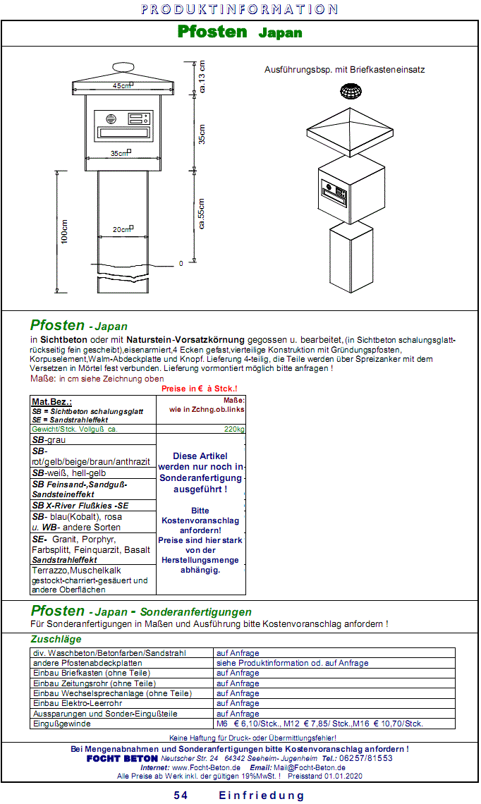 Pfosten -Japan  Sichtbeton, Sandstrahleffekt Preise Maßanfertigung
