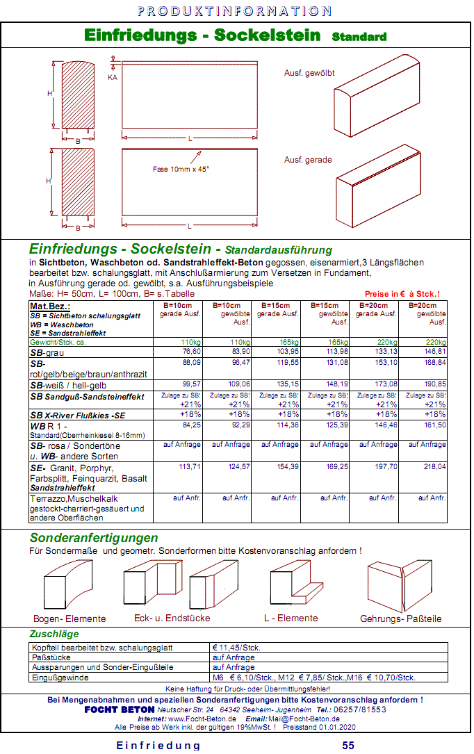 Mauerscheibe Sockelstein Zaunsockel  Sichtbeton,Waschbeton,Sandstrahleffekt Preise Maßanfertigung