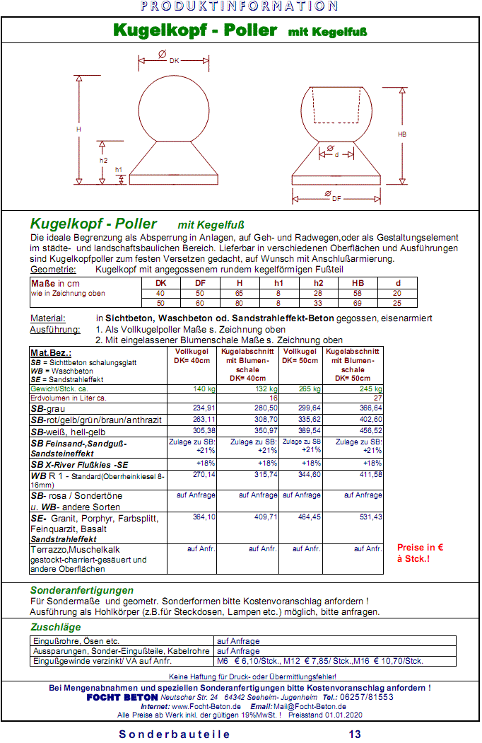 Kugelkopfpoller mit Kegelfuß / Poller / Anfahrschutz ..mit Preisen