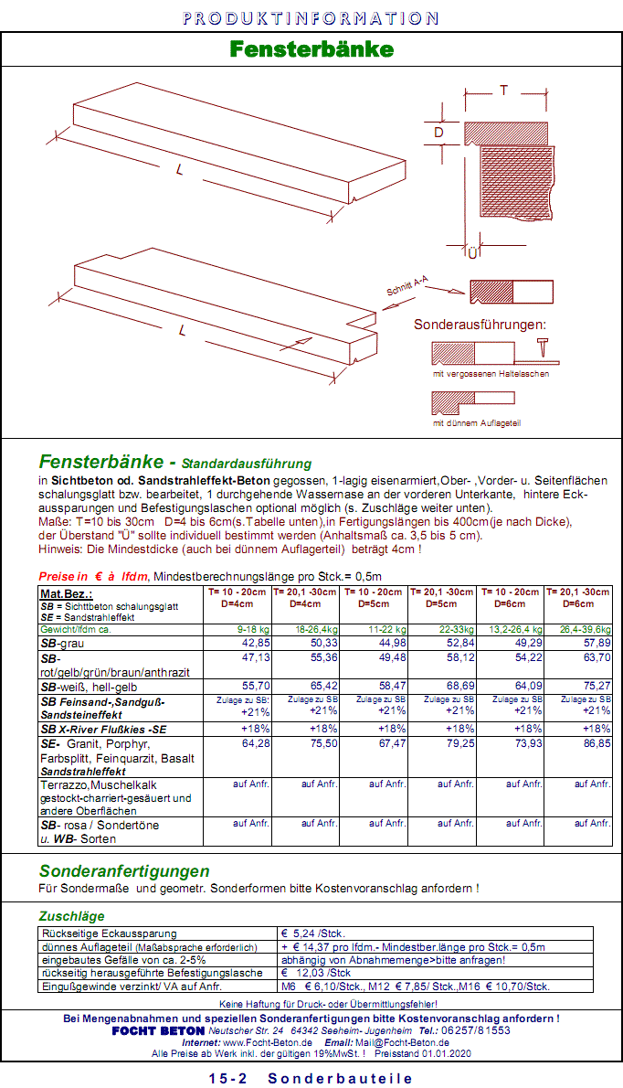 Fensterbänke  Sichtbeton in  Maßanfertigung  ...mit Preisen