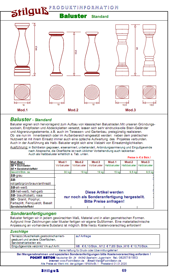Baluster Beton Standardmodelle  Preise