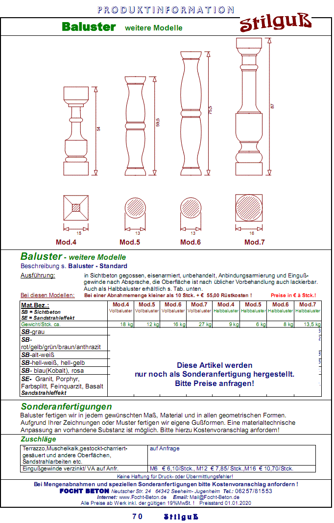 Baluster Modelle Sichtbeton Betonwerkstein Preise