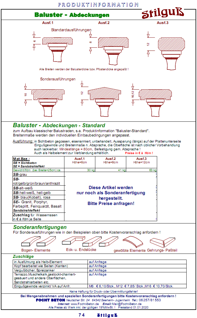 Handlauf Balustrade Beton div. Ausführungen Preise