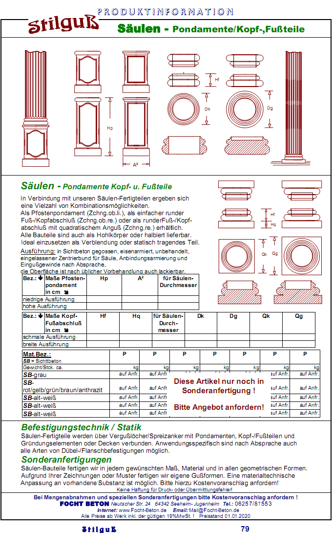 Säulen Pondamente Kopfteile Fußteile in Sonderanfertigung