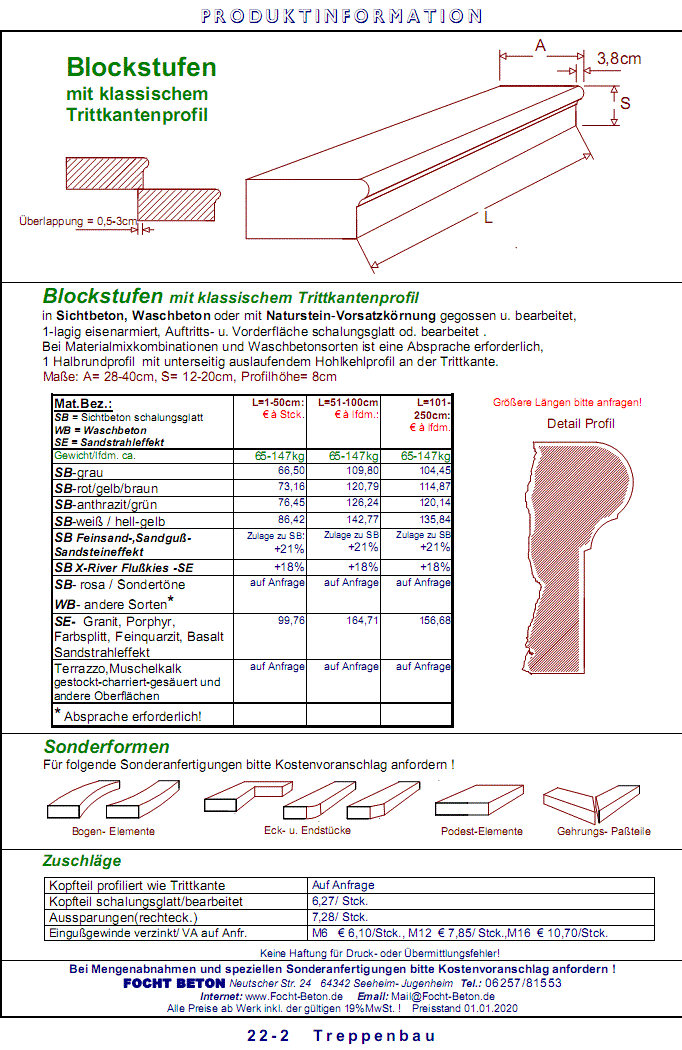 Blockstufen Klassik Profil Preisliste