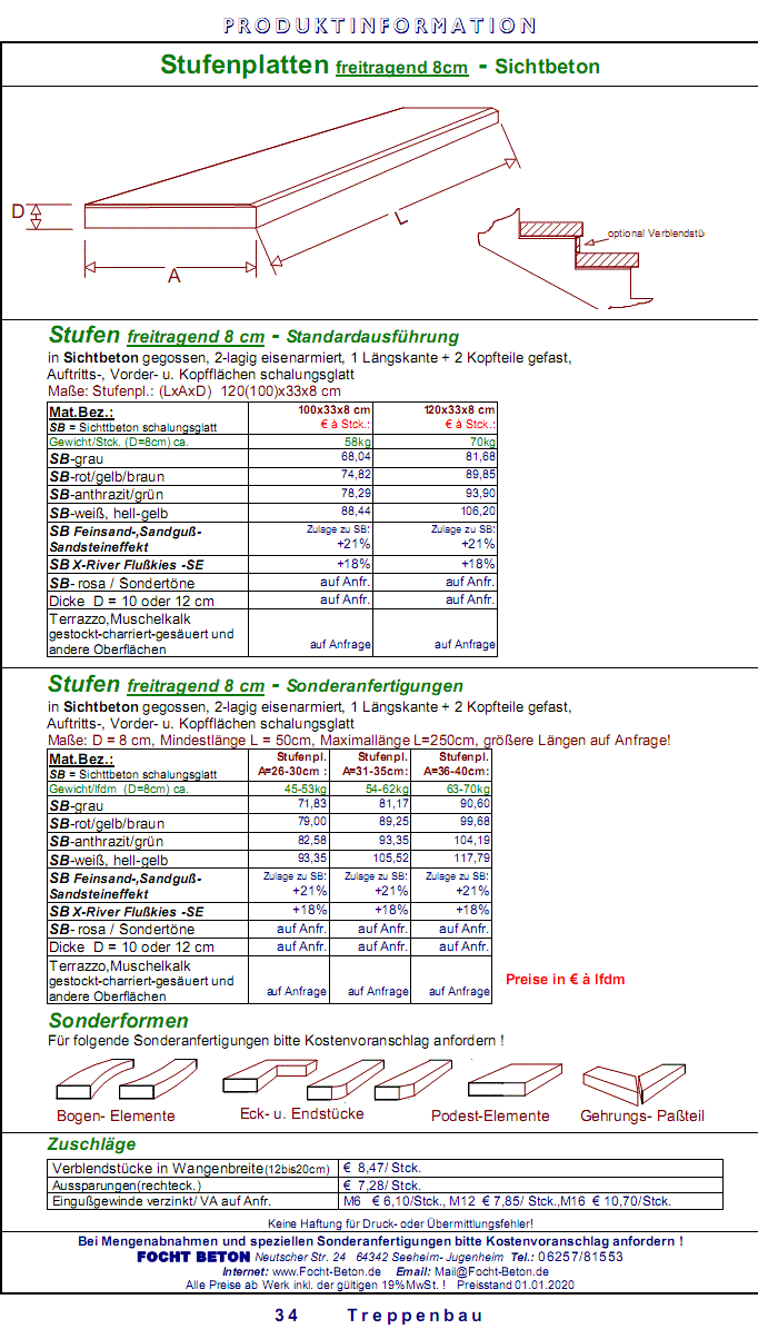 Stufenplatte n freitragend Sichtbeton / Sandstrahleffekt -auch in Sonderanfertigung